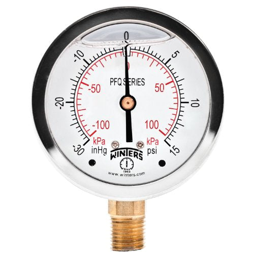 Winters 2-1/2" Dial Size, Liquid Filled Industrial Pressure Gauge, Brass Internals, 304 Stainless Steel Case, Dual Scale 30" Hg-0-15 psi/kPa, 1.5% Acc, 1/4" NPT Bottom Mount, Pressure and Vacuum Gauge 30"/0/15 PSI/kPa