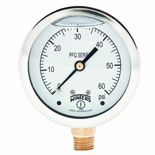 Winters 2-1/2" Dial Size, Liquid Filled Industrial Pressure Gauge, Brass Internals, 304 Stainless Steel Case, Single Scale 0-60 psi, 1.5% Acc, 1/4" NPT Bottom Mount, Glycerin Filled Pressure Gauge 0/60 PSI