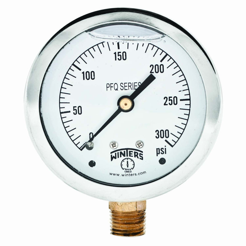 Winters 2-1/2" Dial Size, Liquid Filled Industrial Pressure Gauge, Brass Internals, 304 Stainless Steel Case, Single Scale 0-300 psi, 1.5% Acc, 1/4" NPT Bottom Mount, Glycerin Filled Pressure Gauge 0/300 PSI