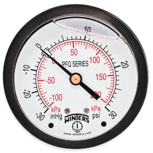 Winters 2-1/2" Dial Size, Liquid Filled Industrial Pressure Gauge, Brass Internals, 304 Stainless Steel Case, Dual Scale 30" Hg-0-30 psi/kPa, 1.5% Acc, 1/4" NPT Back Mount, Pressure and Vacuum Gauge 30"/0/30 PSI/kPa