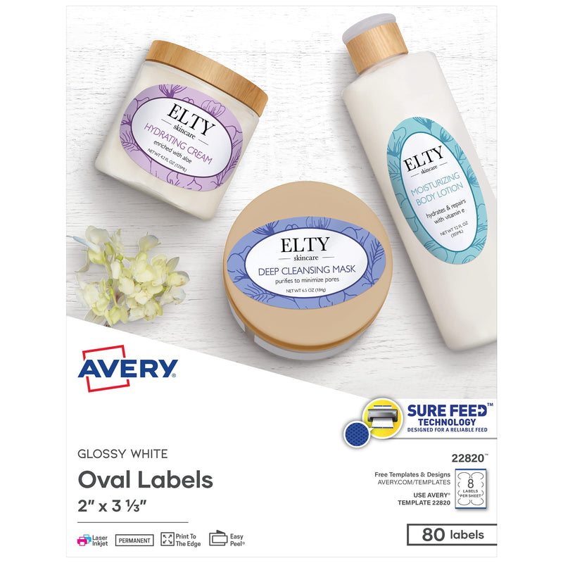 Avery Printable Blank Oval Labels, 2" x 3-1/3", Glossy White, 80 Customizable Labels (22820) 2 in. X 3-1/3 in.