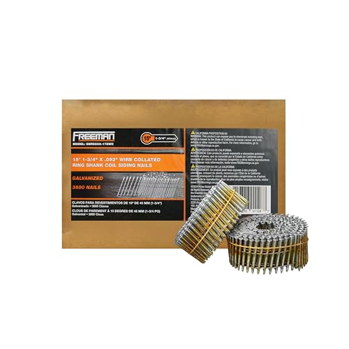 Freeman 15° 1-3/4" Wire Collated Electrogalvanized Ring Shank Coil Siding Nails – 3,600 Count – For Siding, Wall Sheathing, and Roofing