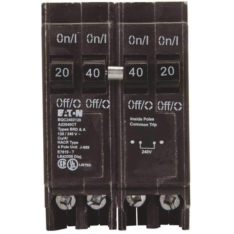 Eaton BQC2402120 Quad Breaker One 2 Pole 40 Amp And Two 1 Pole 20 Amp Common Trip, 1 " x 1 " x 1"