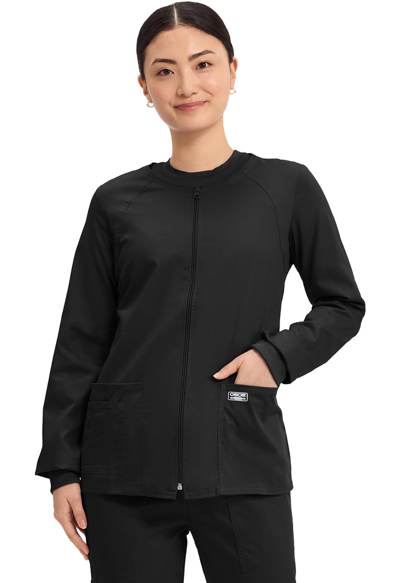 Cherokee Zip Front Scrub Jackets for Women, 3 Pockets, 2-Way Stretch, Soft, Breathable,Brushed Twill - 4315 Medium Black