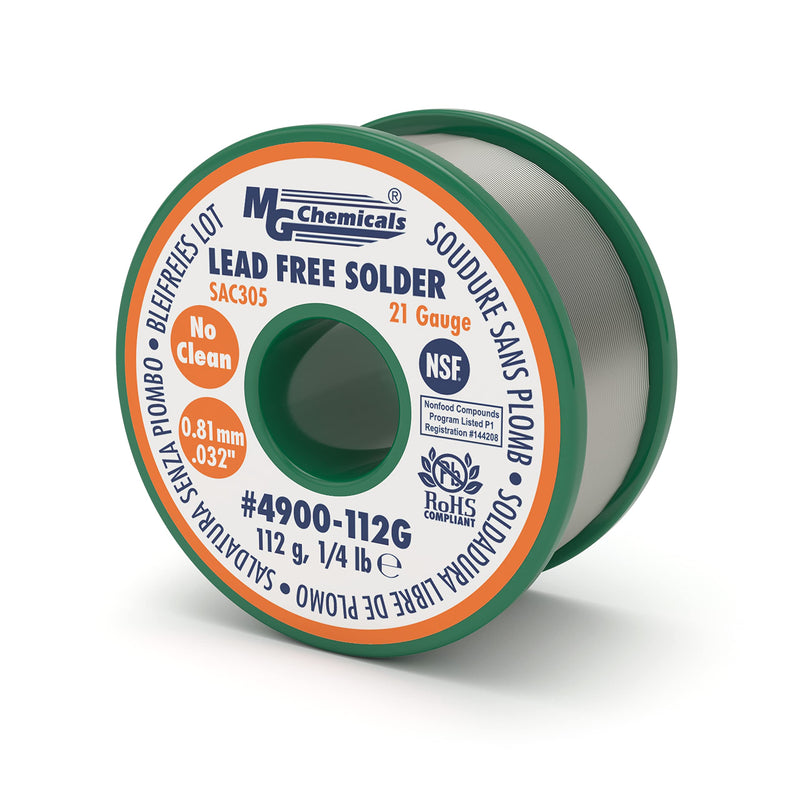 MG Chemicals 4900 SAC305, 96.3% Tin, 0.7% Copper, 3% Silver, No Clean Non Leaded Solder, 0.032" Diameter, 1/4 lbs Spool 112G