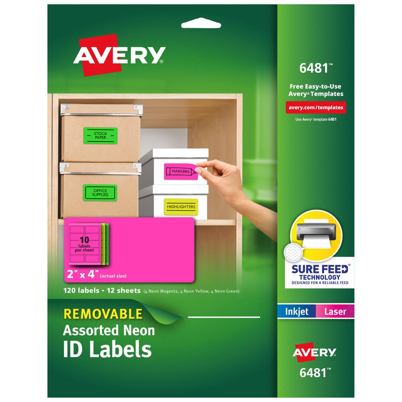 Avery Printable Labels with Sure Feed, 2" x 4", Assorted Neon Colors (Green, Magenta, and Yellow), Removable Adhesive, Laser & Inkjet Compatible, 120 Blank Labels Total (6481) 2" x 4" 1 Pack