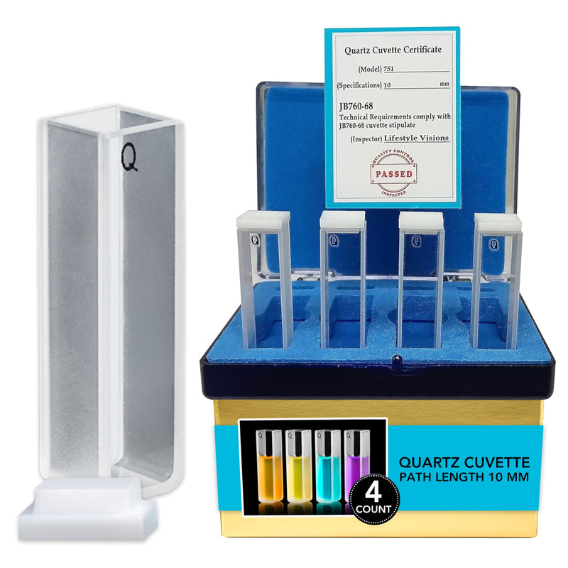 Quartz Cuvettes 4-Pack, UV-Vis-NIR 190–2500 nm, Standard 10 mm Path, 3.5 mL Capacity, 2 Polished & 2 Frosted Sides with PTFE Stoppers, by Lifestyle Visions