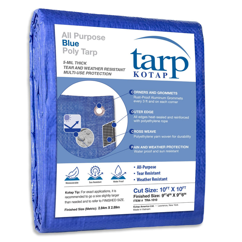 Kotap 10 x 10 Ft. All-Purpose Multi-Use Protection/Coverage 5-mil Poly Tarp, Waterproof, Blue, 1-Pack (TRA-1010) 10 x 10 Ft.