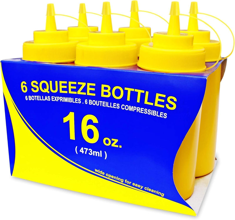 New Star Foodservice 26528 Plastic Squeeze Bottles with Cap and Scale, Wide Mouth, 16 oz, Yellow, Pack of 6 Yellow (Pack of 6) 24 Ounces