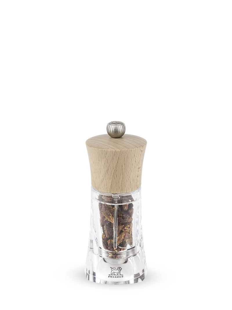 Peugeot - Oleron Manual Chili Pepper Mill - Transparent Adjustable Spice Grinder - Acrylic and Beechwood, Natural, 5.5 Inches 14cm Chili Mill