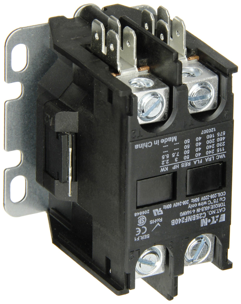 Eaton C25BNF240B Compact Definite Purpose Contactor, 40A Inductive Current Rating, 3 Max HP Rating at 115V, 7.5 Max HP Rating at 230V, 240VAC Coil Voltage