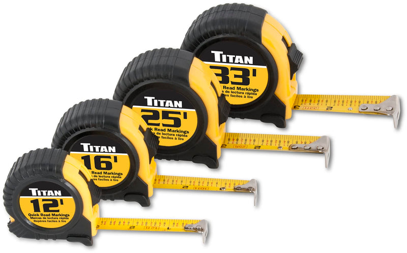 Titan 10902 Tape Measure with Easy-Read Standard Markings and Durable Case, 4-Piece Set, 12-Foot, 16-Foot, 25-Foot and 33-Foot 10.1 m
