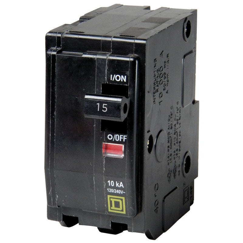 Square D QO215 Miniature Circuit Breaker, 120/240 VAC, 15 A, 10 kA Interrupt, 2 Poles, Thermal Magnetic Trip