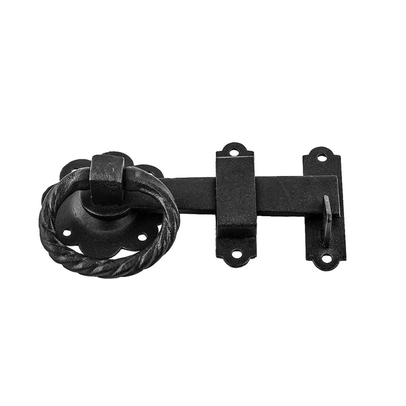 Renovators Supply Manufacturing Black Wrought Iron Floral Ring Pull Gate Latch Fence Door Lock with Mounting Hardware Pack of 1