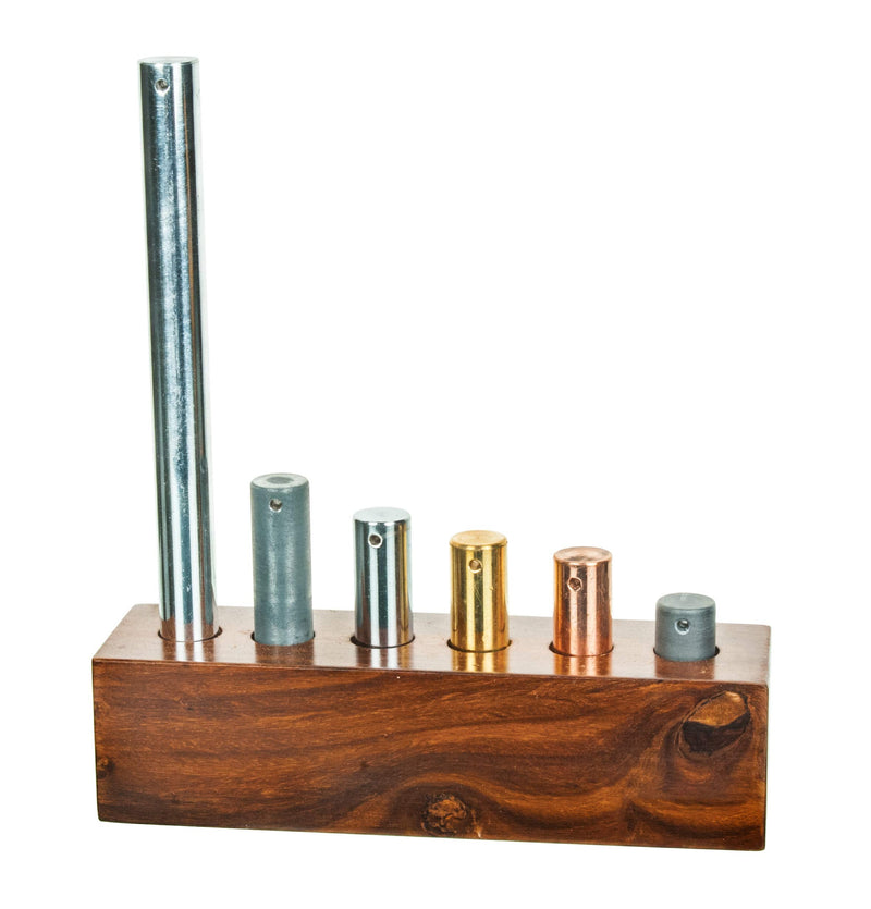 EISCO 6pc Equal Mass Metal Cylinders Set - Copper, Lead, Brass, Zinc, Iron & Aluminum - Includes Wooden Storage Block - for Specific Heat, Specific Gravity & Density Experimentation