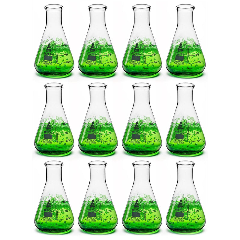 EISCO 12PK Erlenmeyer Flasks, 100mL - Borosilicate Glass - Narrow Neck, Conical Flasks 12