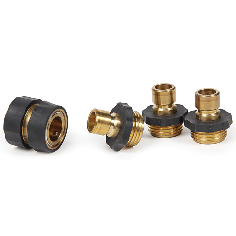 Camco 5/8" Brass and Steel Quick Hose Disconnect - Connect and Disconnect Between Multiple Hose Attachments | Automatic Shut-Off When Disconnected | 1 Female & 3 Male Fittings - 4 Count - (20136)