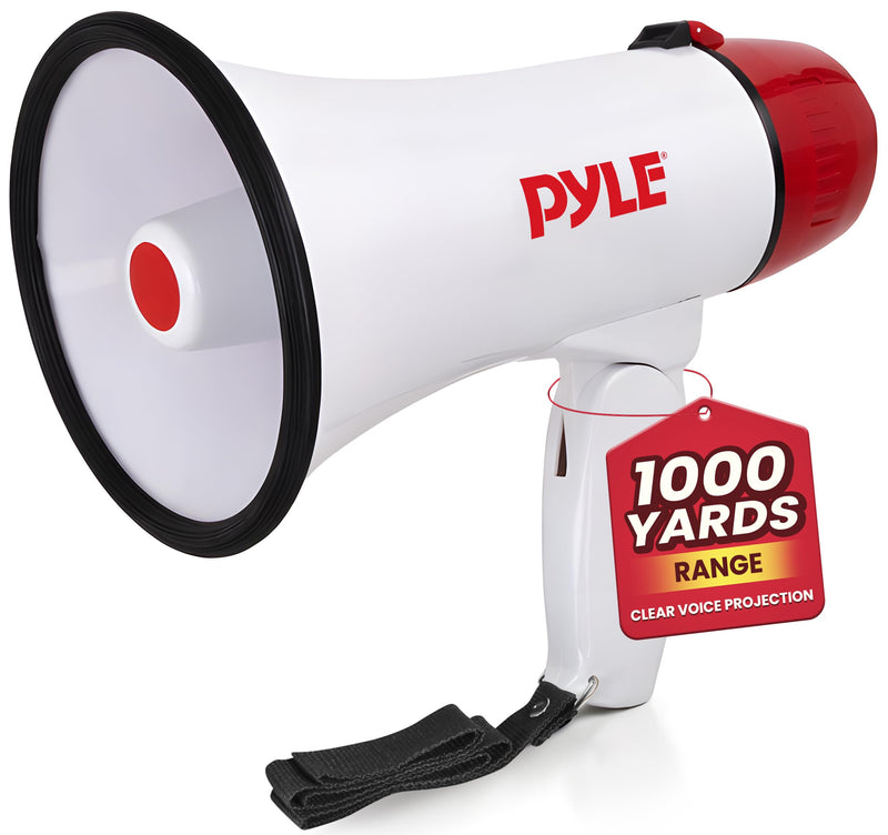  [AUSTRALIA] - Pyle 20W Megaphone Bullhorn - 5.4'' x 8.6'' Portable Megaphone, Projection Range 1000 Sq. Yards, Voice Talking & Siren Alert, Shoulder Strap, Battery Operated, (White) White
