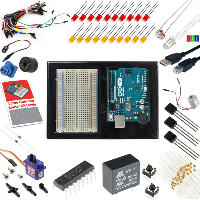 Vilros Arduino Uno Starter Kit - Includes Arduino Uno R3 Board, 190+ Electronics Components, Breadboard, Jumper Wires, DC Motor, Servo, Relay, Full-Color 72 Page Manual [190+ Pieces] Arduino Ultimate Starter Kit