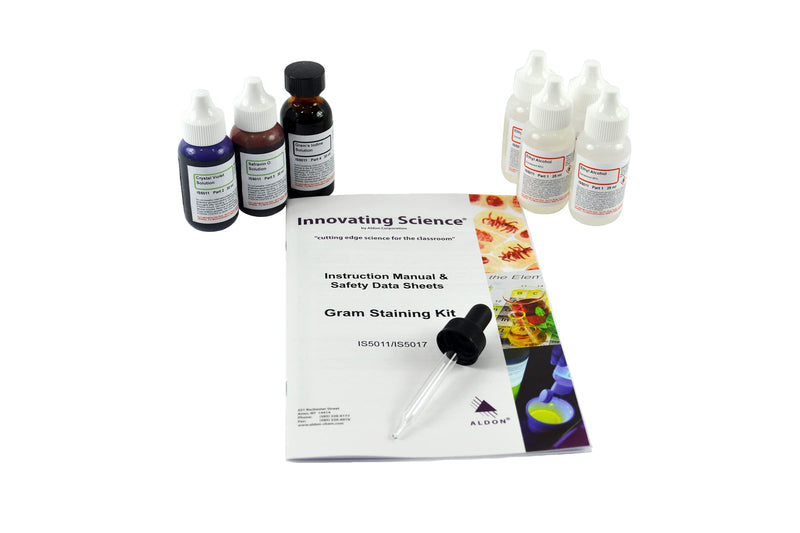 Gram Stain Kit, 7 Dropper Bottles - Crystal Violet, Safranin O 1.0%, Potassium Iodide 1.85%, 95% Denatured Ethyl Alcohol (4x25mL) - Includes Instructions - Innovating Science