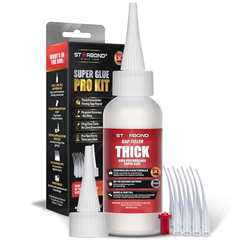 Starbond Thick Super Glue Pro Kit (2 oz) – Gap-Filling CA Glue (Cyanoacrylate Adhesive) – with Clog-Resistant Cap, Microtips & Extra Nozzle for Woodworking, Crafts, Carpentry, Archery Fletching 2 ounce