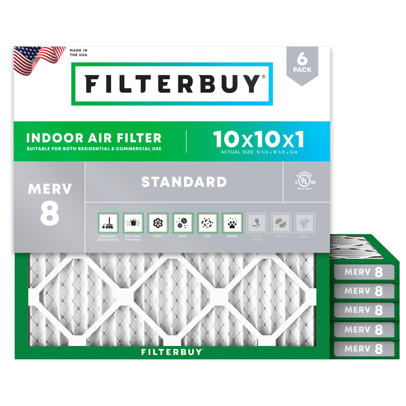 Filterbuy 10x10x1 Air Filter MERV 8 Essential Dust & Allergy Defense (6-Pack), Electrostatic Pleated HVAC AC Furnace Filters Replacement, Made in USA (Actual Size: 9.50 x 9.50 x 0.75)