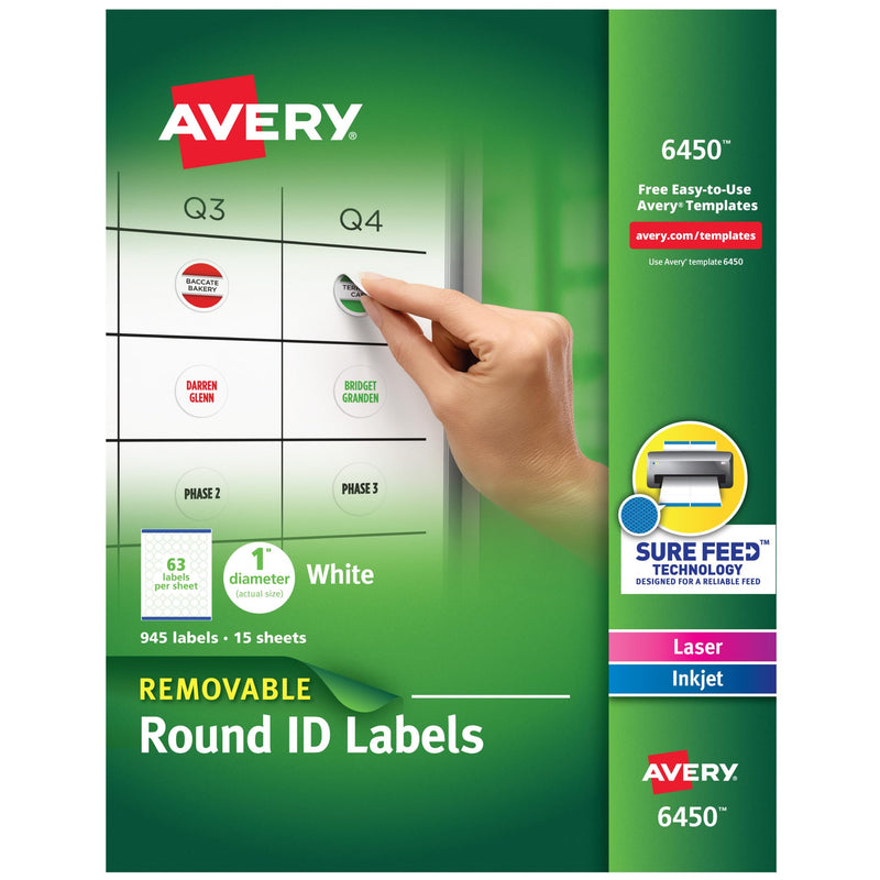 Avery Multiuse Removable 1" Round Labels with Sure Feed, 945 Small White Labels for Organization and Storage (6450) 1 Pack
