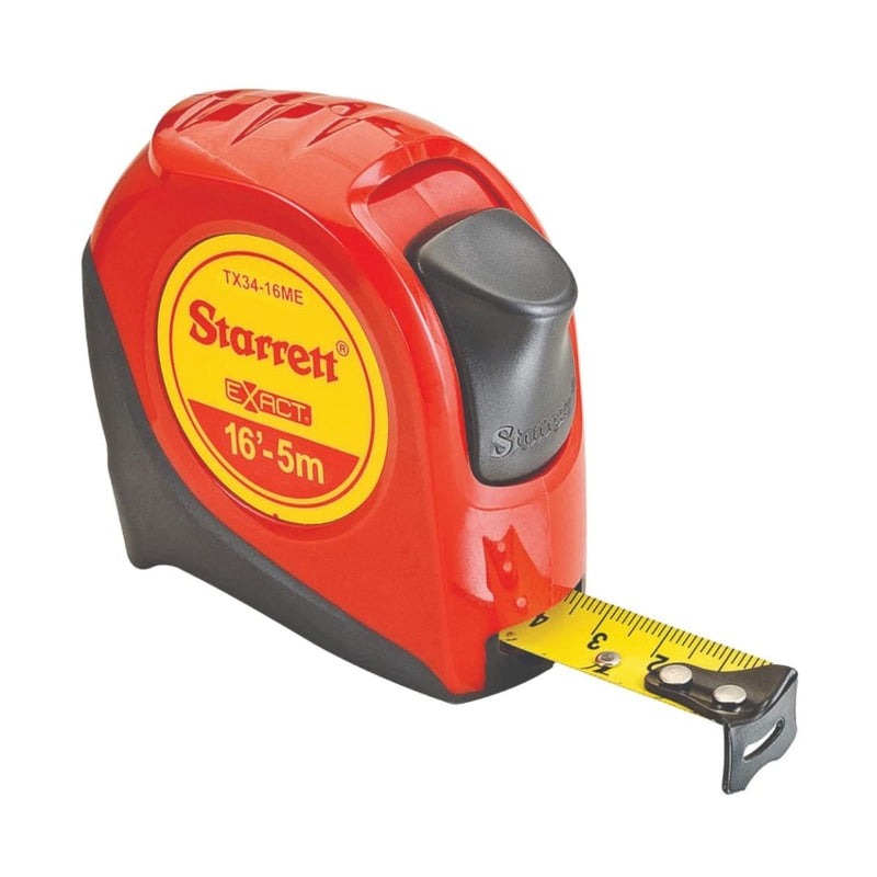 Starrett Exact Retractable Imperial/Metric Pocket Tape Measure with Nylon Coating, Self Adjusting End Hook, and Steel Belt Clip - 3/4" Width, 16' Length - KTX34-16ME-N