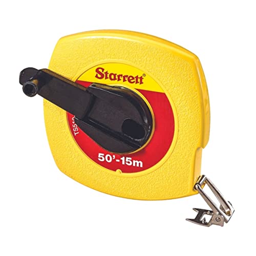 Starrett TS Closed Steel Long Line Tape with Impact-Resistant ABS Plastic Case and Folding Hook Ring - 50' Length, 3/8" Width, L6 Graduation Style Number - KTS510-50ME-N