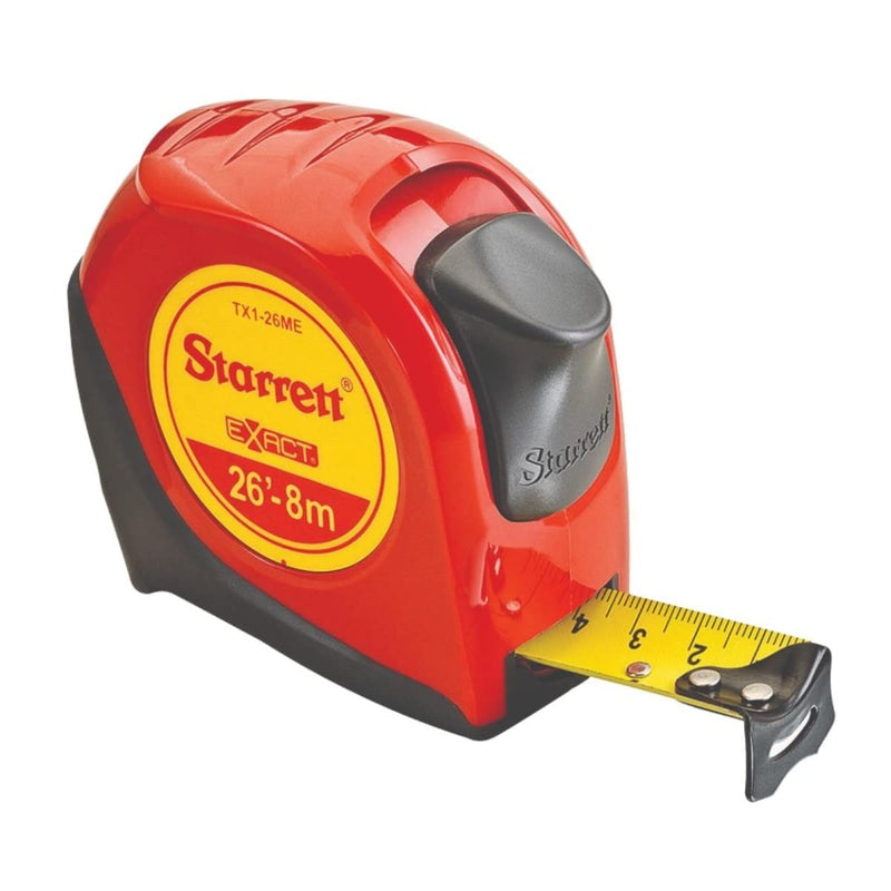 Starrett Exact Retractable Imperial/Metric Pocket Tape Measure with Nylon Coating, Self Adjusting End Hook, and Steel Belt Clip - 1" Width, 26' Length - KTX1-26ME-N