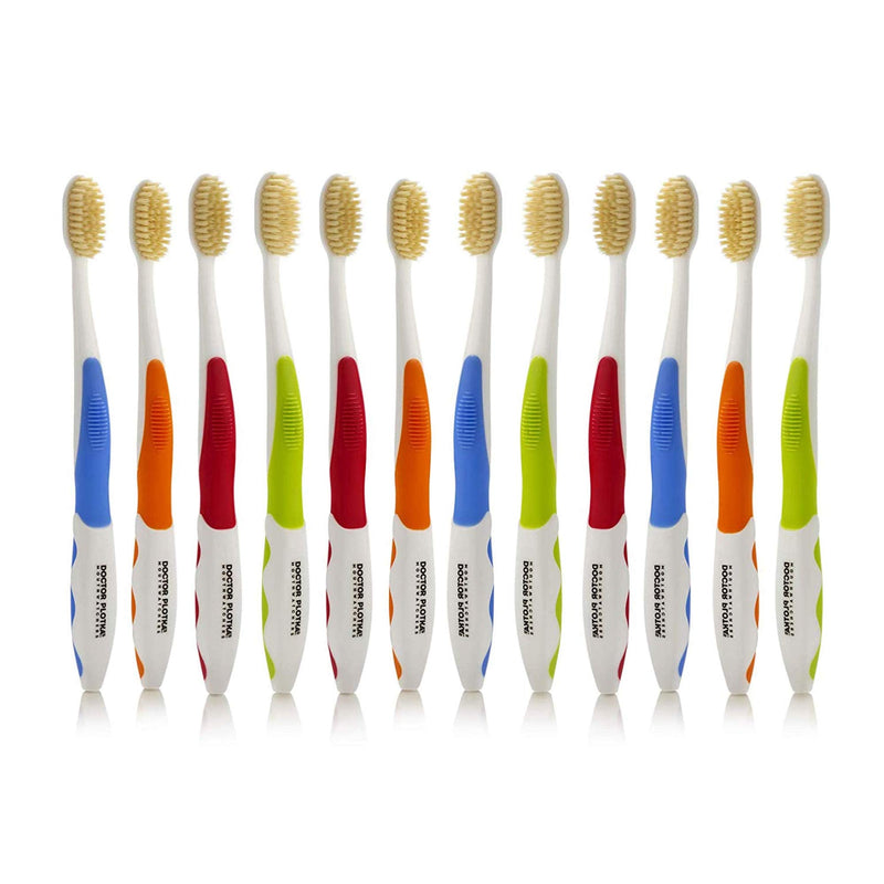 MOUTHWATCHERS Soft Flossing Manual Toothbrush, Adults, Pack of 12, Assorted | Floss-Tip Bristles for Sensitive Teeth and Gums, Soft Manual Brush, Deep Clean, BPA Free, Dr Plotka Design 12 Count (Pack of 1)