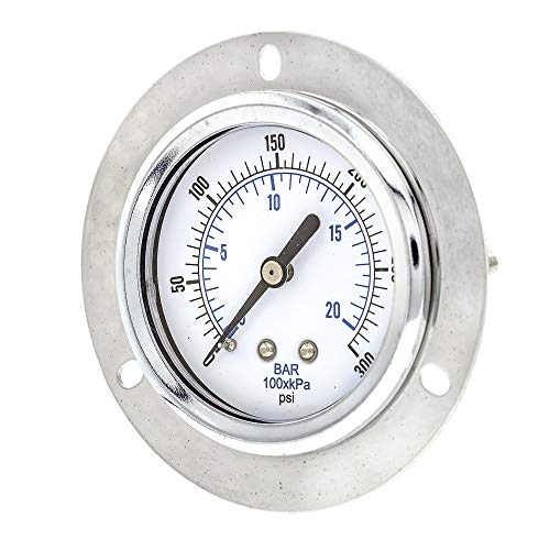 PIC Gauge 104D-254H 2.5" Dial, 0/300 psi Range, 1/4" Male NPT Connection Size, Front Flanged Panel Mount Dry Pressure Gauge with a Chrome Plated Steel Case, Brass Internals, Chrome Bezel and Plastic Lens