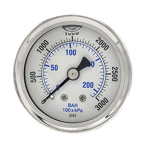 PIC Gauges 202L-158P Center Back Mount Glycerine Filled Pressure Gauge w/ SS Case/Bezel, Brass Internals, PC Lens, 1.5" Dial, 0/3000 psi Range, 1/8" Male NPT 0 - 3,000 PSI