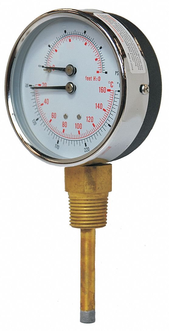 PIC Gauges TRI-HD-302L-E Bottom Mount Industrial Heavy Duty Round Dial Tridicator w/ SS Case, Plastic Lens, 3" Dial, 1/2" Male NPT, 0/100 psi Range, 80/320° F Temperature Range 0 - 100 PSI