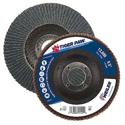 Weiler 51121 4-1/2" Tiger Paw Abrasive Flap Disc, Angled (Ty29), Phenolic Backing, 80Z, 7/8" Arbor Hole (Pack of 10) Performance Steel / Metal 80 Grit