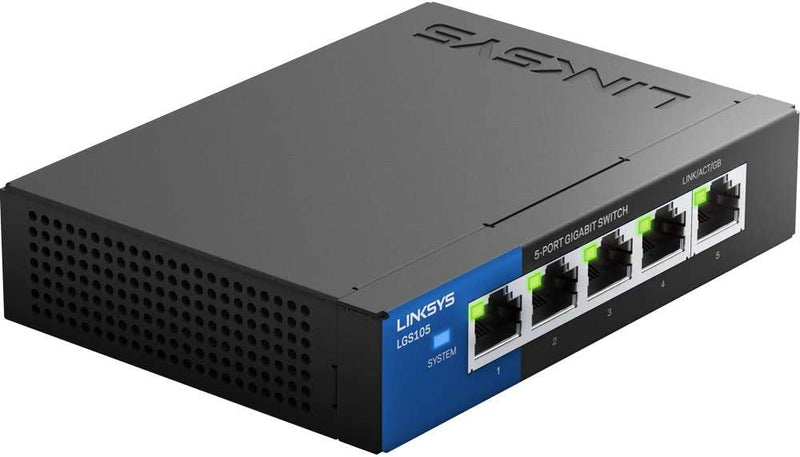 Linksys LGS105: 5-Port Business Desktop Gigabit Ethernet Unmanaged Switch, Computer Network, Wired Connection Speed up to 1,000 Mbps (Black, Blue) LGS105 - 5-Port - Unmanaged