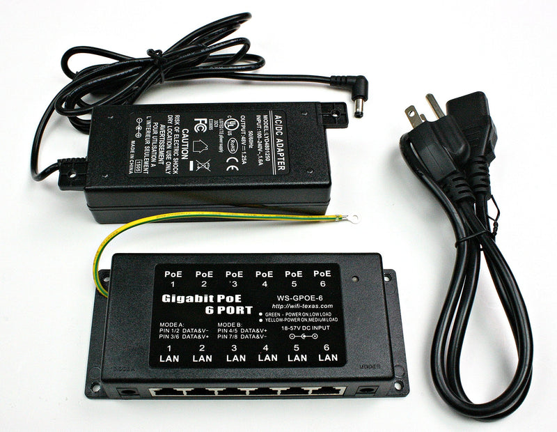 PoE Texas GPOE-6AB-48v60w | Gigabit 6 Port Passive Power Over Ethernet Injector for 802.3af Devices | with 48 Volt 60 Watt Power Supply