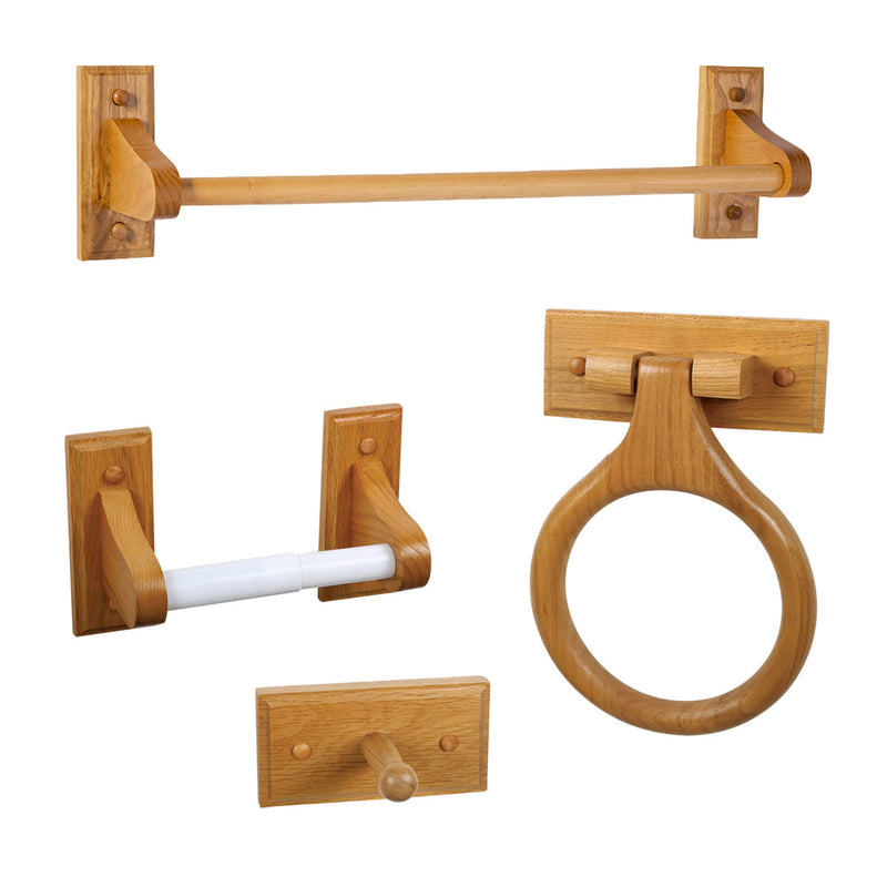 Dalton 4-Piece Bathroom Accessory Set, Honey Oak, Includes Towel Bar, Towel Ring, Toilet Paper Holder, and Robe Hook – Design House, 561258 4 Piece Set