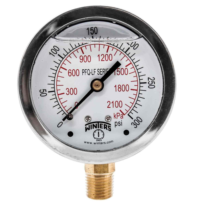Winters 2-1/2" Dial Size, Liquid Filled Pressure Gauge, Potable Brass Internals, 304 Stainless Steel Case, Dual Scale 0-300 psi/kPa, 1.5% Acc, 1/4" NPT Bottom Mount, Drinking Water Pressure Gauge 0/300 PSI/kPa