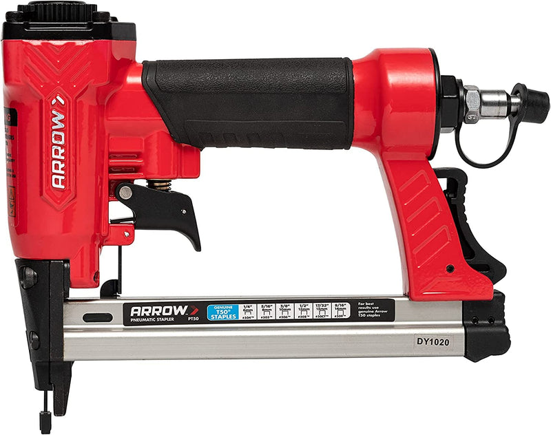 Arrow PT50 Oil-Free Pneumatic Staple Gun, Professional Heavy-Duty Stapler for Wood, Upholstery, Carpet, Wire Fencing, Fits 1/4”, 5/16”, 3/8", 1/2", 9/16” Staples , Red 1 Unit