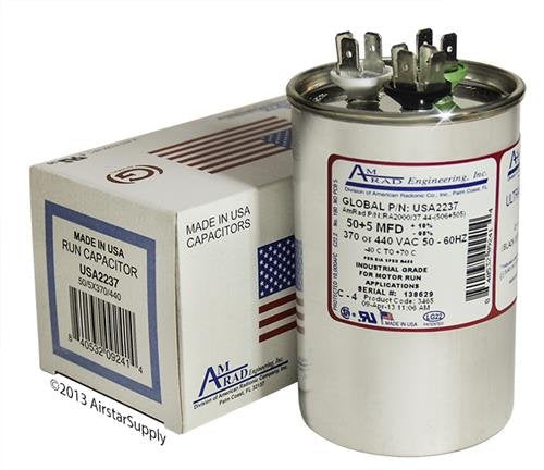 50 + 5 uf/Mfd Round Dual Universal Capacitor • AmRad USA2237 - Used for 370 or 440 VAC, Made in the U.S.A.