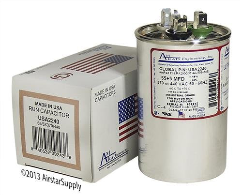 55 + 5 uf / Mfd Round Dual Universal Capacitor • AmRad USA2240 - used for 370 or 440 VAC , Made in the U.S.A.