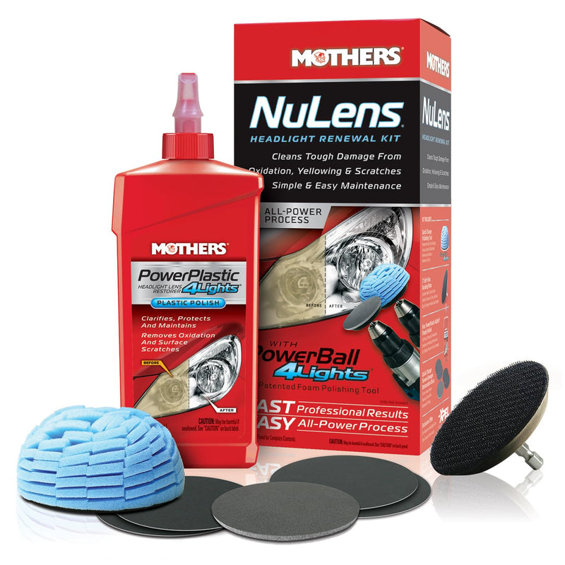 Mothers NuLens Headlight Renewal Kit — Quickly Restores & Maintains Clarity on All Headlight Types – Includes PowerPlastic 4Lights Polish, 8 oz. with Protective, Oxidation-Inhibiting Polymers (07251) 8 fl. oz.