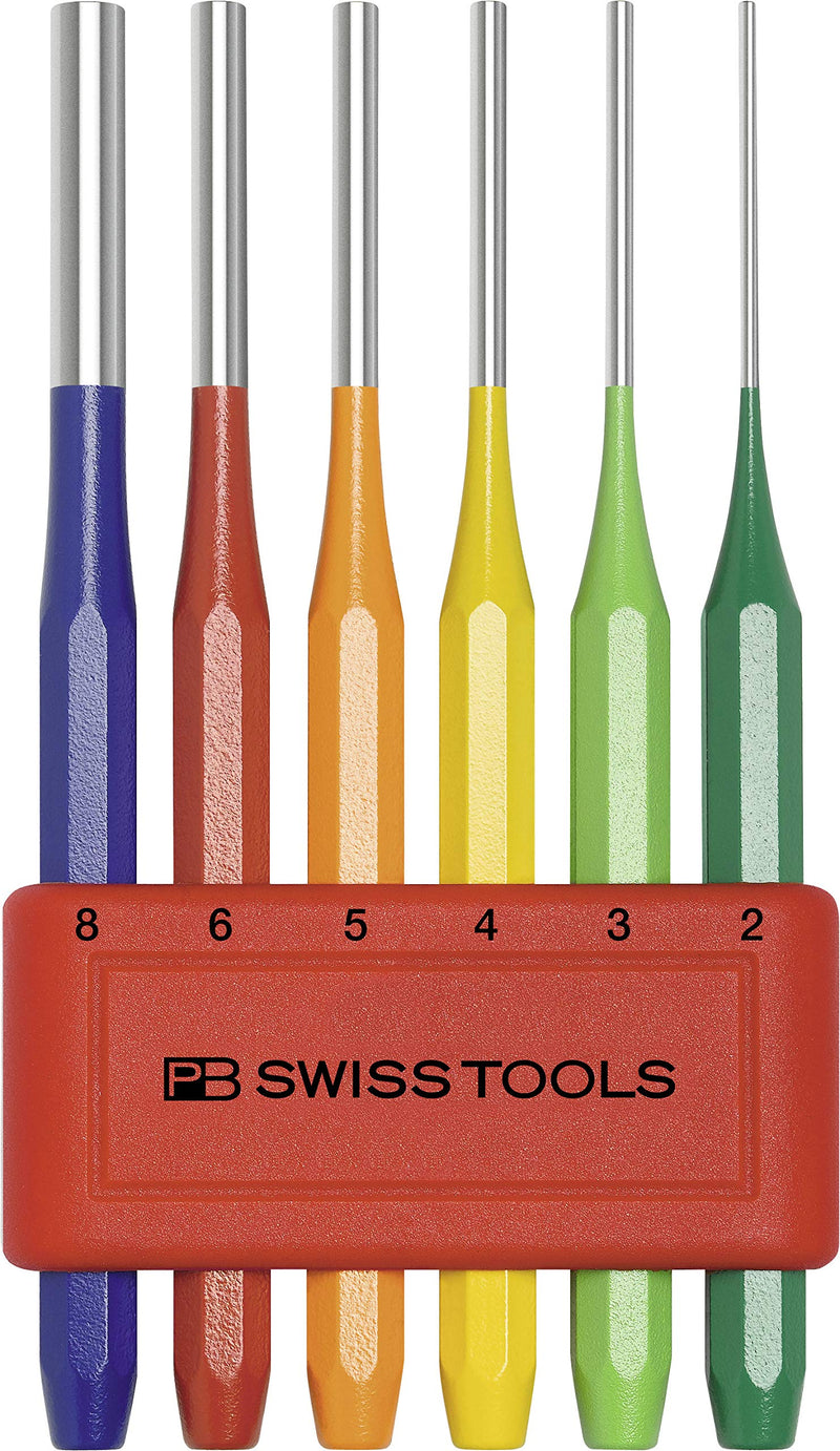 PB Swiss Tools Pin Punch Set PB 755.BL RB CN | 100% Swiss Made | 6-Piece Drift Punch Set RainBow Color Coded, in Practical Holder