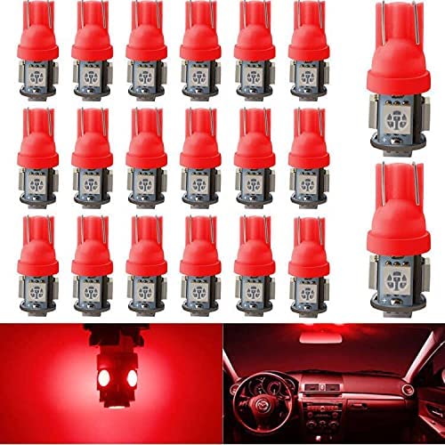 YM E-Bright 20-Pack 194 Led Bulb Red, 5050 5-SMD T10 194 168 W5W 2825 LED Bulb For Car Interior Lights Dome Map Trunk Clearance Dashboard License Plate Light Lamp DC 12V DC-12V