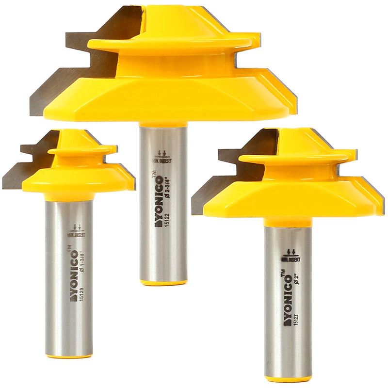 YONICO Lock Miter Router Bit Set 3 Bit 45 Degree 1/2-Inch Shank 15334 3 Bit Set - 1/2" Shank