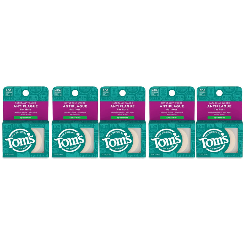 Tom's of Maine Naturally Waxed Anti-Plaque Flat Floss Spearmint 32 Yards (Pack of 5)