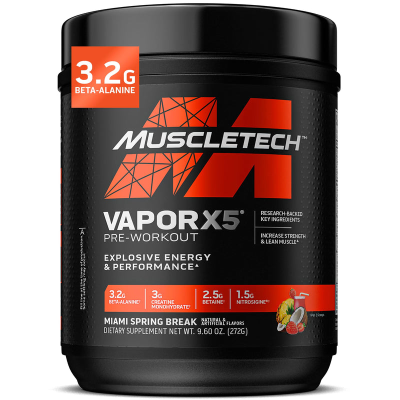 MuscleTech Pre-Workout Powder, Vapor X5 - Sports Nutrition Muscle Building Supplements for Women & Men - Intense Muscle Pump Energy Powder Drink Mix - Miami Spring Break, 272g (30 Servings) Pre Workout 30 Servings (Pack of 1)