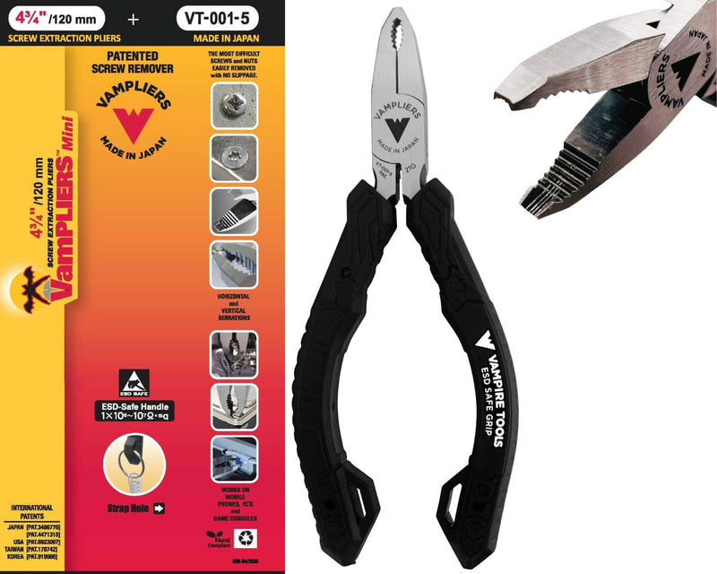 VAMPLIERS 5" Mini Stripped Screw Remover Pliers with ESD Safe Grip. Made in Japan. Slender Non-Slip High Carbon Steel Jaws. Ideal for IT, iPhone, Mac/PC, Circuit Boards or Any Electronic Repairs. 5" Mini Pliers