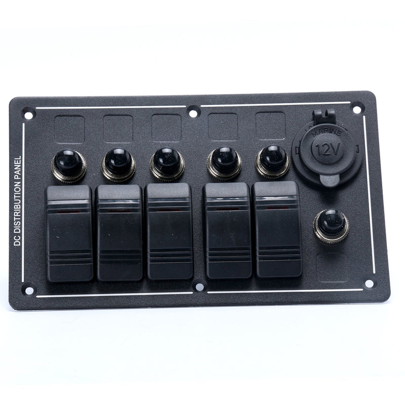 Amarine Made 5 Gang Aluminium LED Rocker & CIG Socket & Circuit Breaker Waterproof Marine/Boat/rv Switch Panel AM62-PN-LB5Z/S